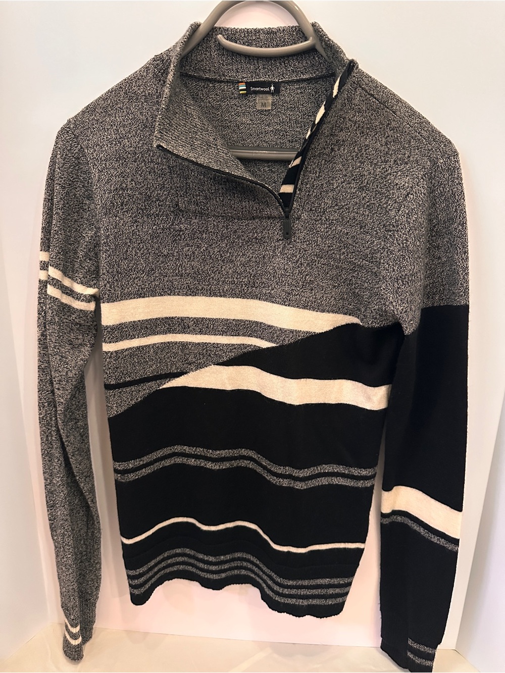 Smartwool Women’s Black, Gray and Cream Striped Asymmetrical Quarter-Zip Sweater